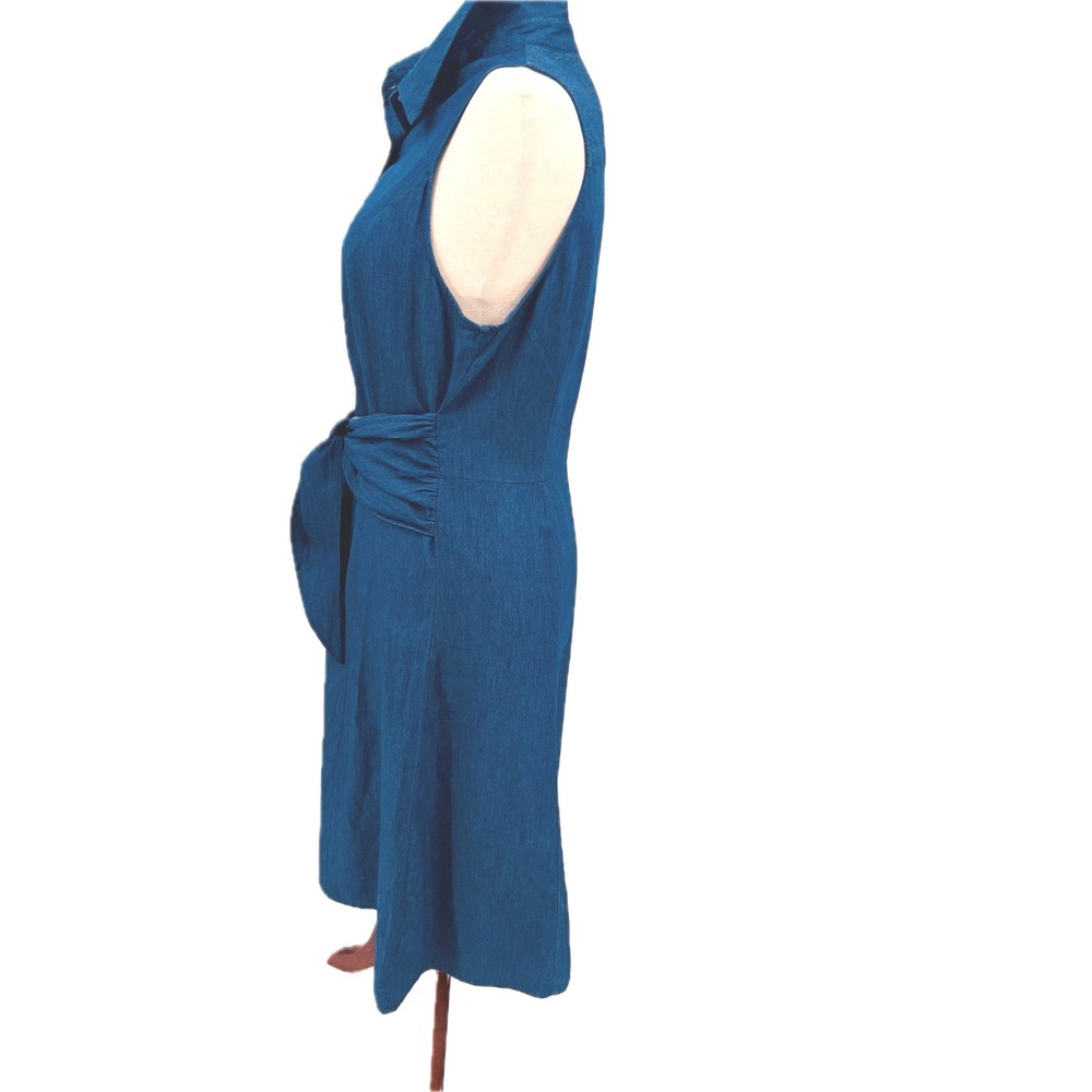 R & K Denim Look Sleeveless Dress Womens 14 Blue Self Tie Button Down Collared - Picture 4 of 9